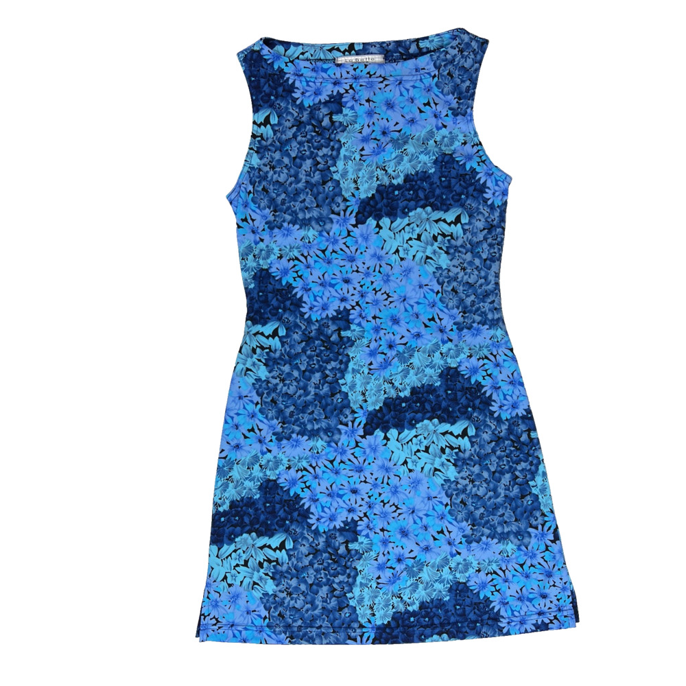 La Belle Sleeveless A-Line Dress Blue Floral Medium Made in USA Vintage